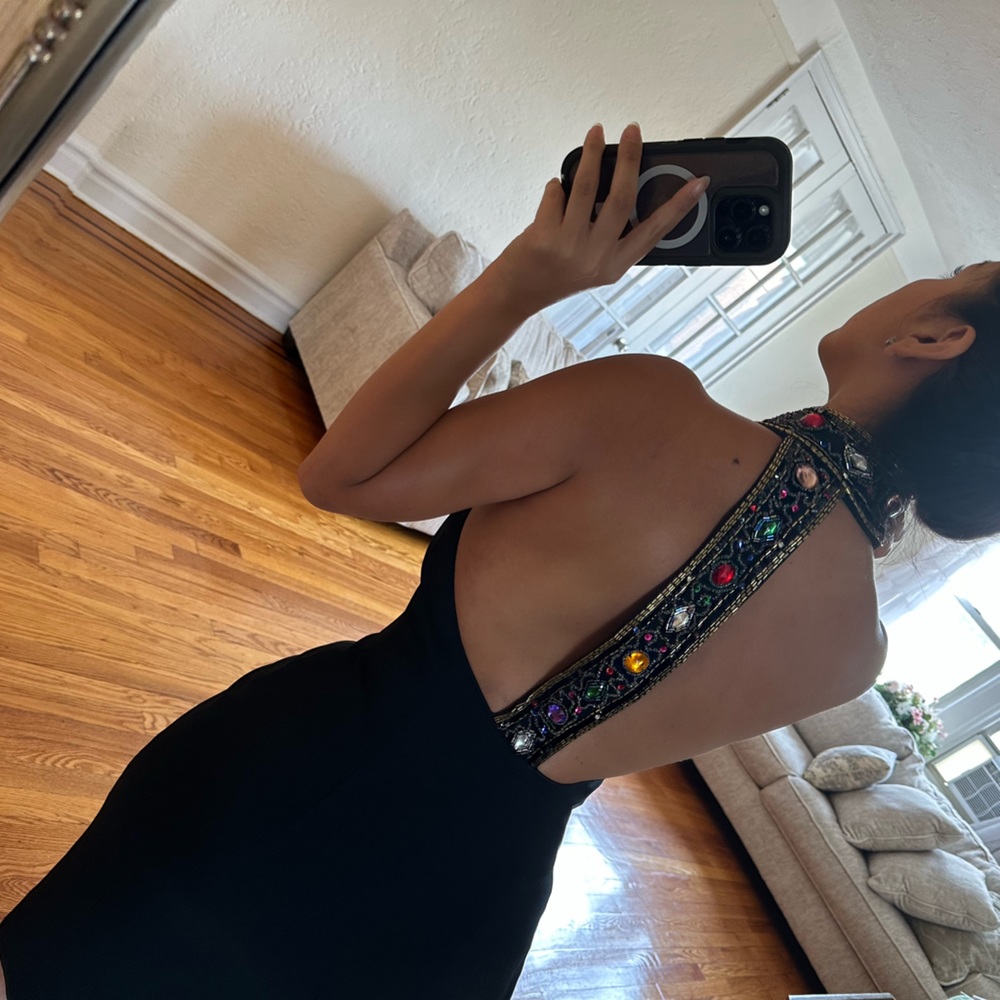 VINTAGE 80s/90s Elegant Black Midi Dress with Embellished Neckline